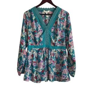 Matilda Jane Prairie Babydoll Tunic Top M Teal Pink Floral Cottage Romantic Boho